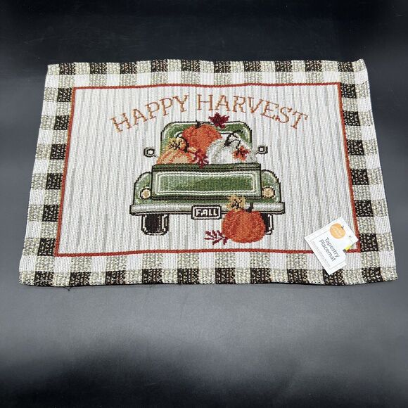 Fall Tapestry Fabric Placemats Set Of 4 Happy Harvest Retro Truck With Pumpkins - Picture 2 of 10
